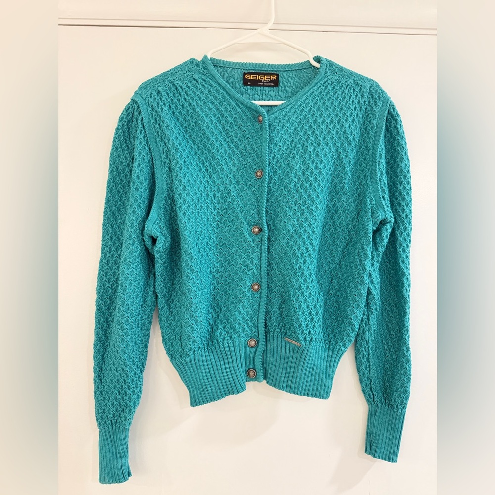 Geiger Tyrol Austrian Boiled Wool Knit Cardigan Teal | Alpine Folk Sweater 44